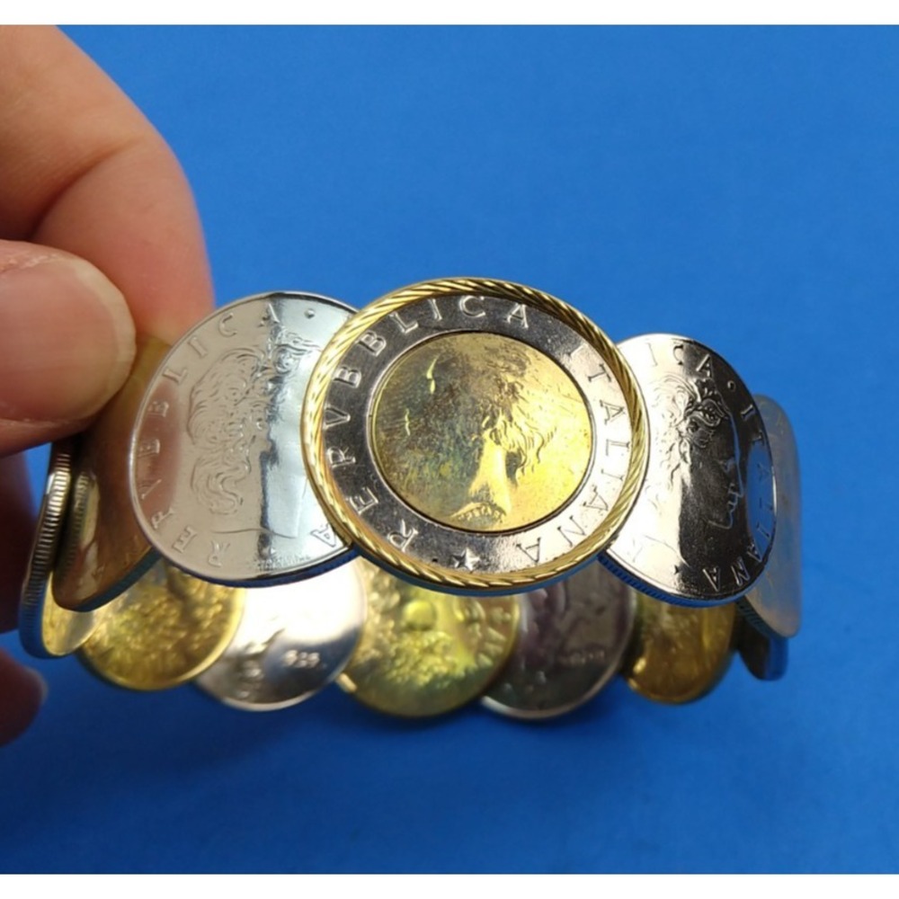 Milor Italy 14K Gold bezel stainless Italian Repvbblica L 500 Coin Bracelet